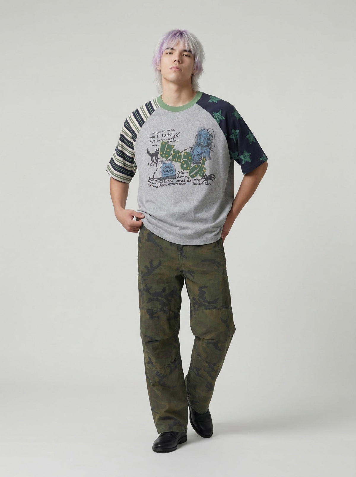 Graphic raglan t-shirt with dog and cat design — model photo