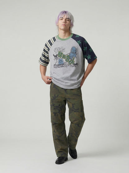 Graphic raglan t-shirt with dog and cat design — model photo