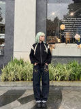 DAXUEN black angular panel knit zip jacket — model photo