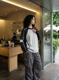 DAXUEN grey oversized contrasting knit cardigan — model photo