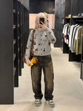 DAXUEN light grey pixelated dog graphic cardigan — model photo
