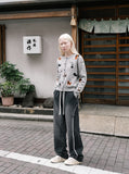 DAXUEN light grey pixelated dog graphic cardigan — model photo