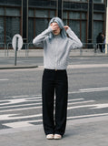 DAXUEN light grey ribbed knit mock neck cardigan — model photo