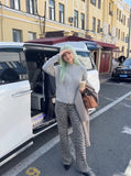 DAXUEN light grey ribbed knit mock neck cardigan — model photo