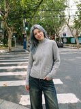 DAXUEN light grey ribbed knit mock neck cardigan — model photo