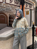 DAXUEN beige and blue gradient plaid oversized button-up shirt — model photo