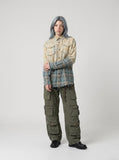 DAXUEN beige and blue gradient plaid oversized button-up shirt — model photo