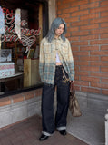 DAXUEN beige and blue gradient plaid oversized button-up shirt — model photo