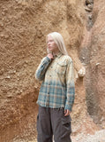DAXUEN beige and blue gradient plaid oversized button-up shirt — model photo