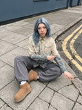DAXUEN beige and blue gradient plaid oversized button-up shirt — model photo