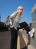 DAXUEN beige and blue gradient plaid oversized button-up shirt — model photo