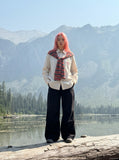 DAXUEN cream long-sleeve shirt with red circular embroidery — model photo