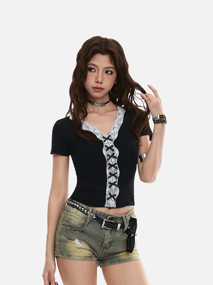 Women's slim-fit short-sleeve V-neck top