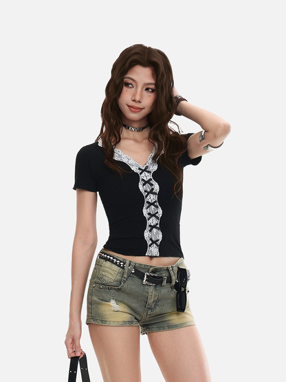 Women's slim-fit short-sleeve V-neck top