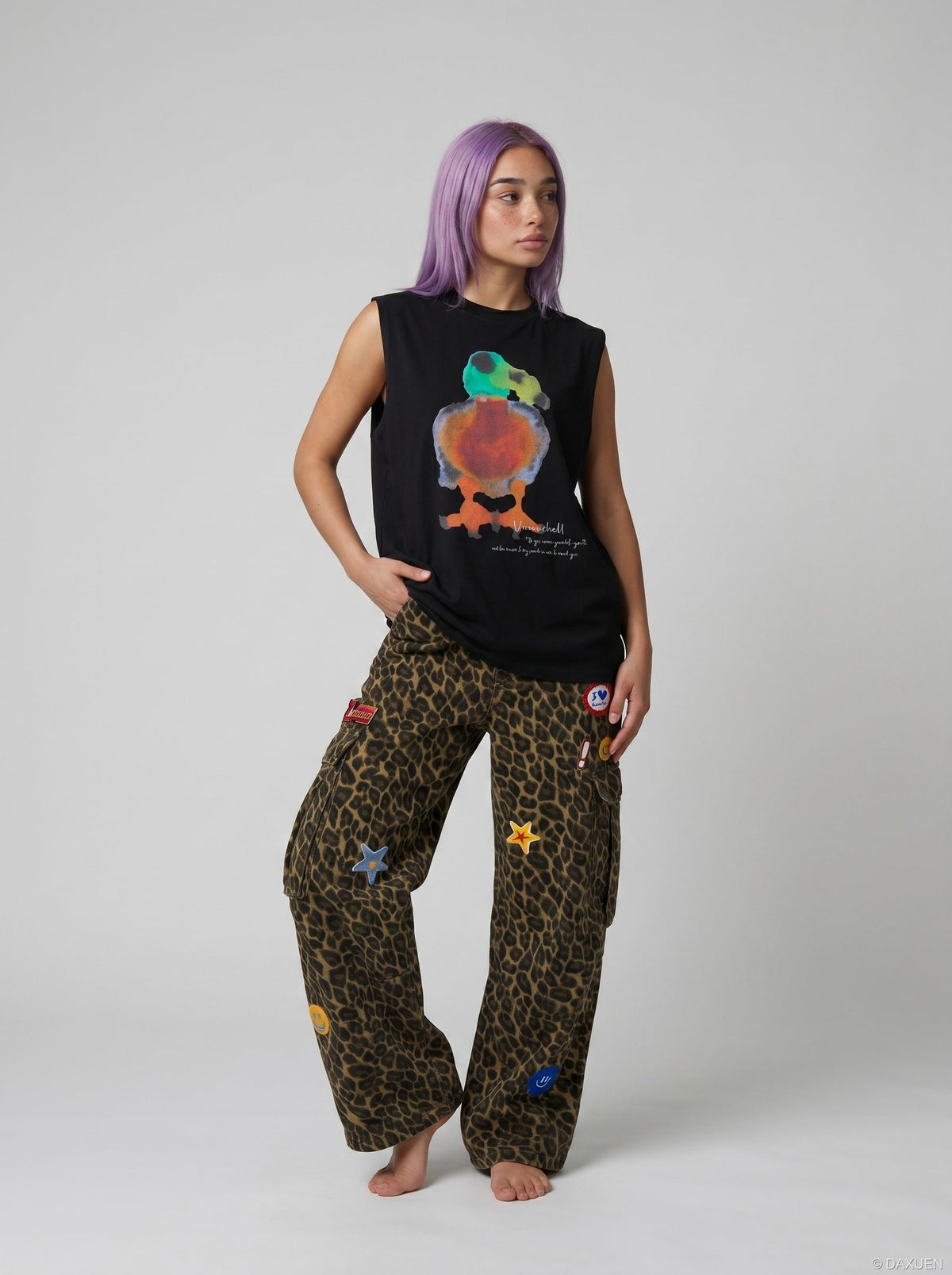 DAXUEN black oversized abstract bird watercolor print top — model photo