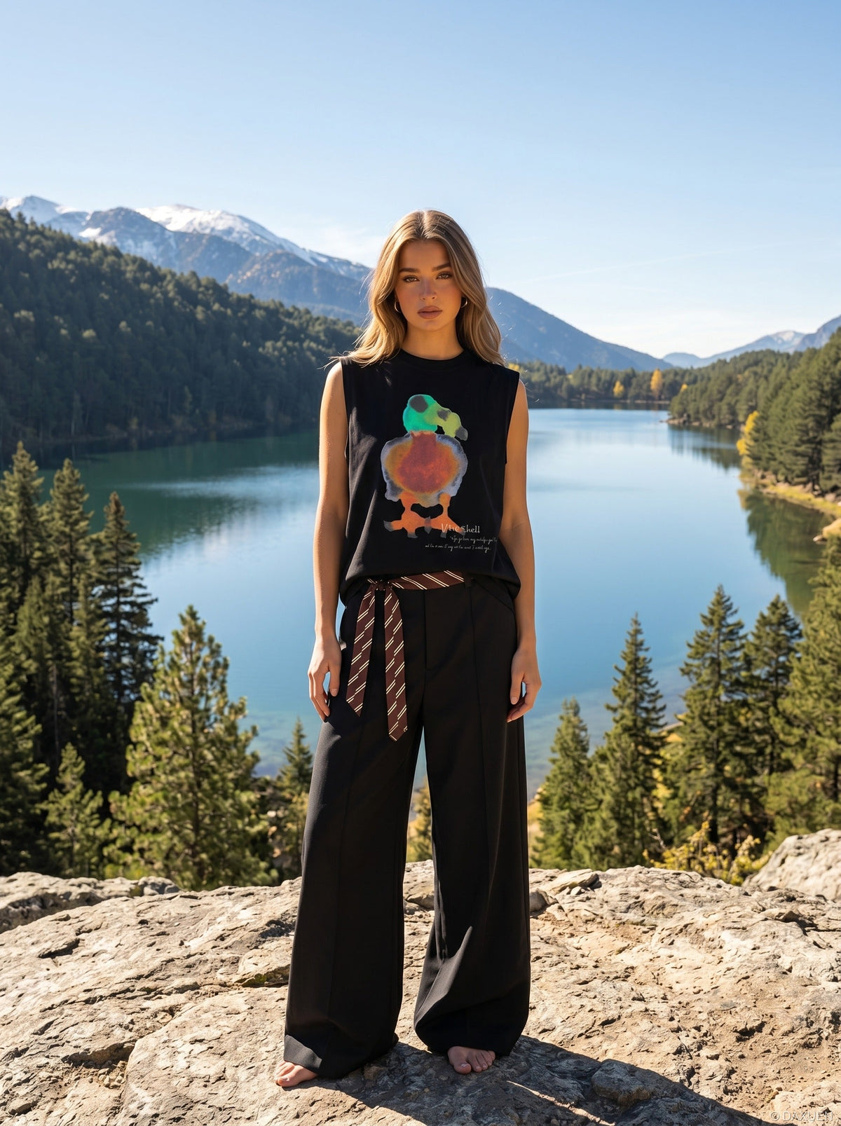 DAXUEN black oversized abstract bird watercolor print top — model photo