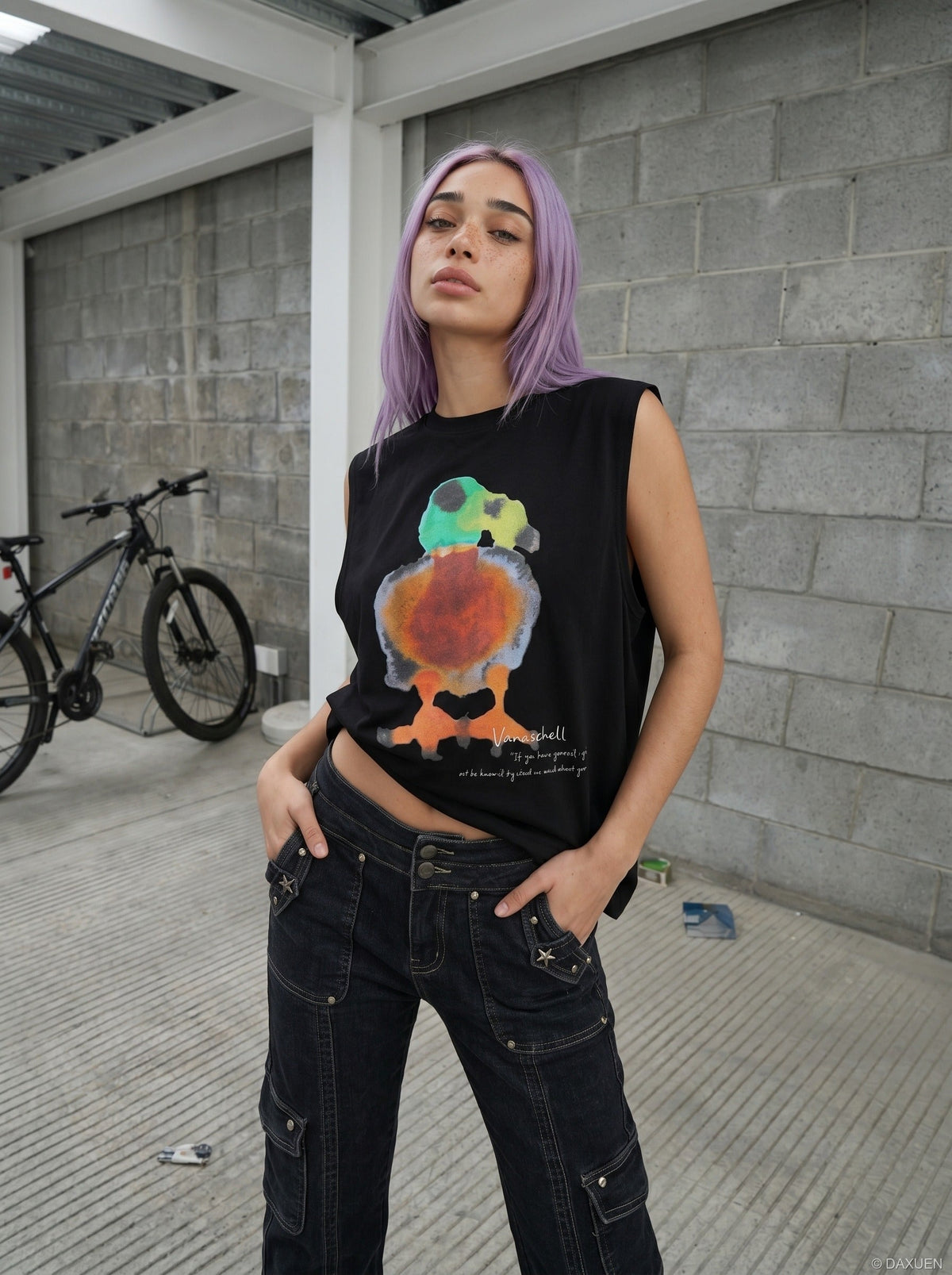 DAXUEN black oversized abstract bird watercolor print top — model photo