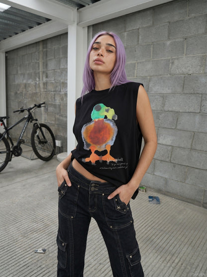 DAXUEN black oversized abstract bird watercolor print top — model photo