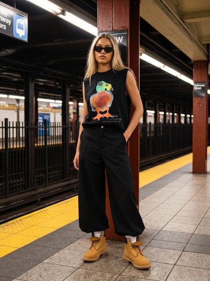 DAXUEN black oversized abstract bird watercolor print top — model photo