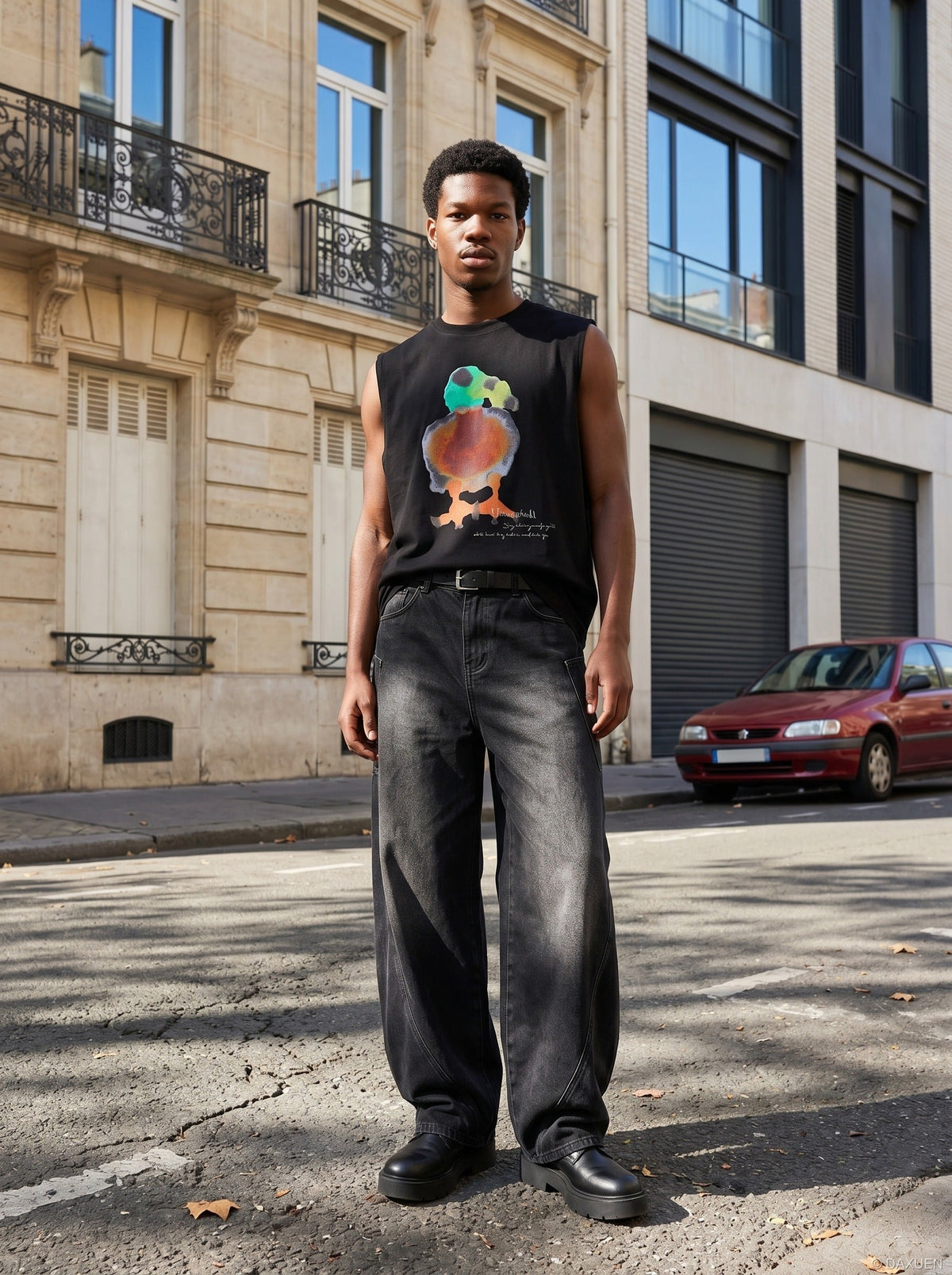 DAXUEN black oversized abstract bird watercolor print top — model photo