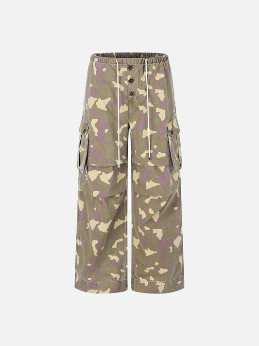 DAXUEN greenish-beige abstract camouflage wide-leg cargo pants
