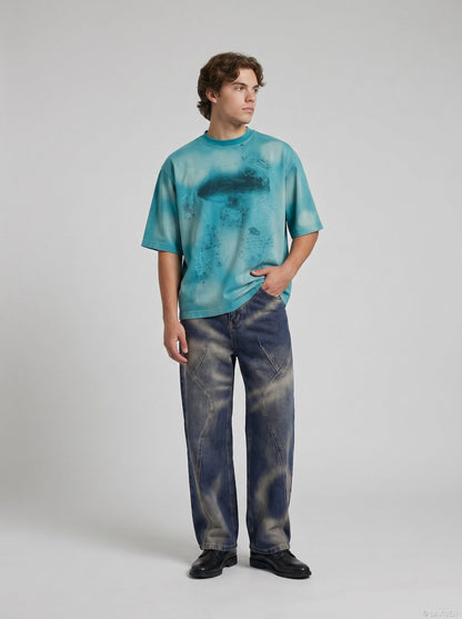 DAXUEN Abstract Cloud Graphic Oversized T-Shirt | DAXUEN — model photo