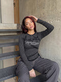 DAXUEN dark grey striped abstract graphic long-sleeve t-shirt — model photo