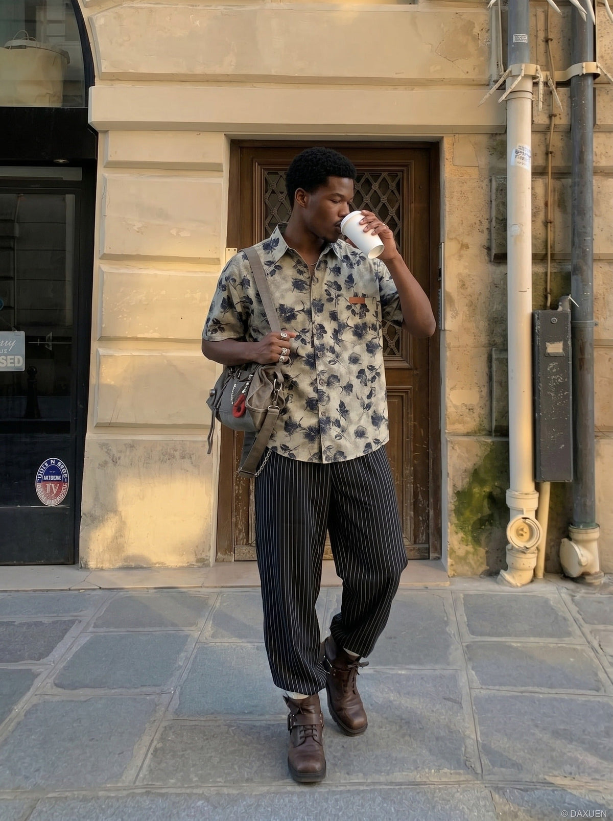 DAXUEN Men's short-sleeve button-up shirt with floral print — model photo