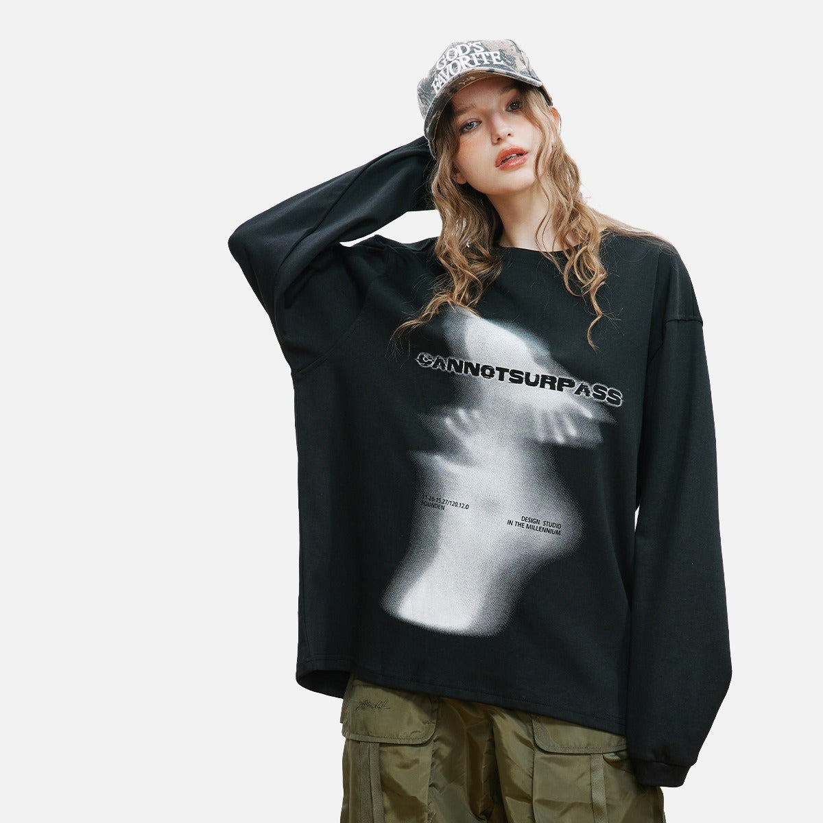 DAXUEN black oversized abstract ghostly graphic top