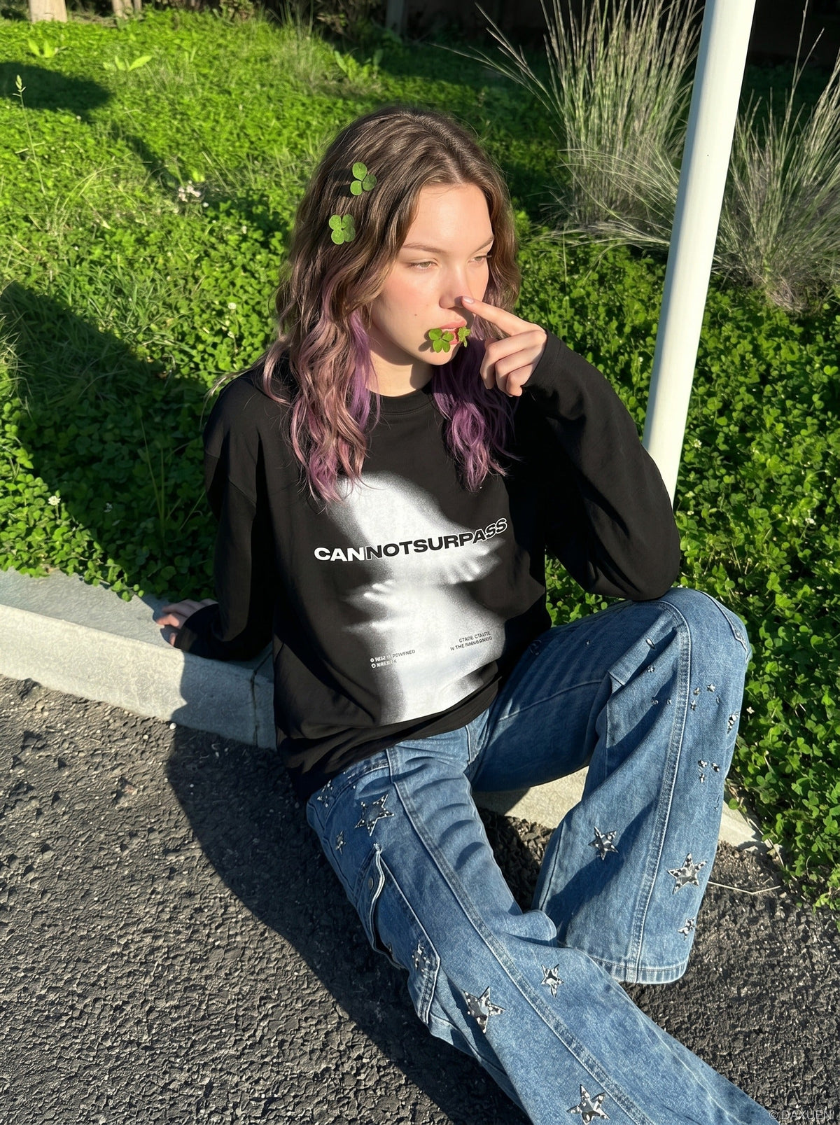 DAXUEN black oversized abstract ghostly graphic top — model photo