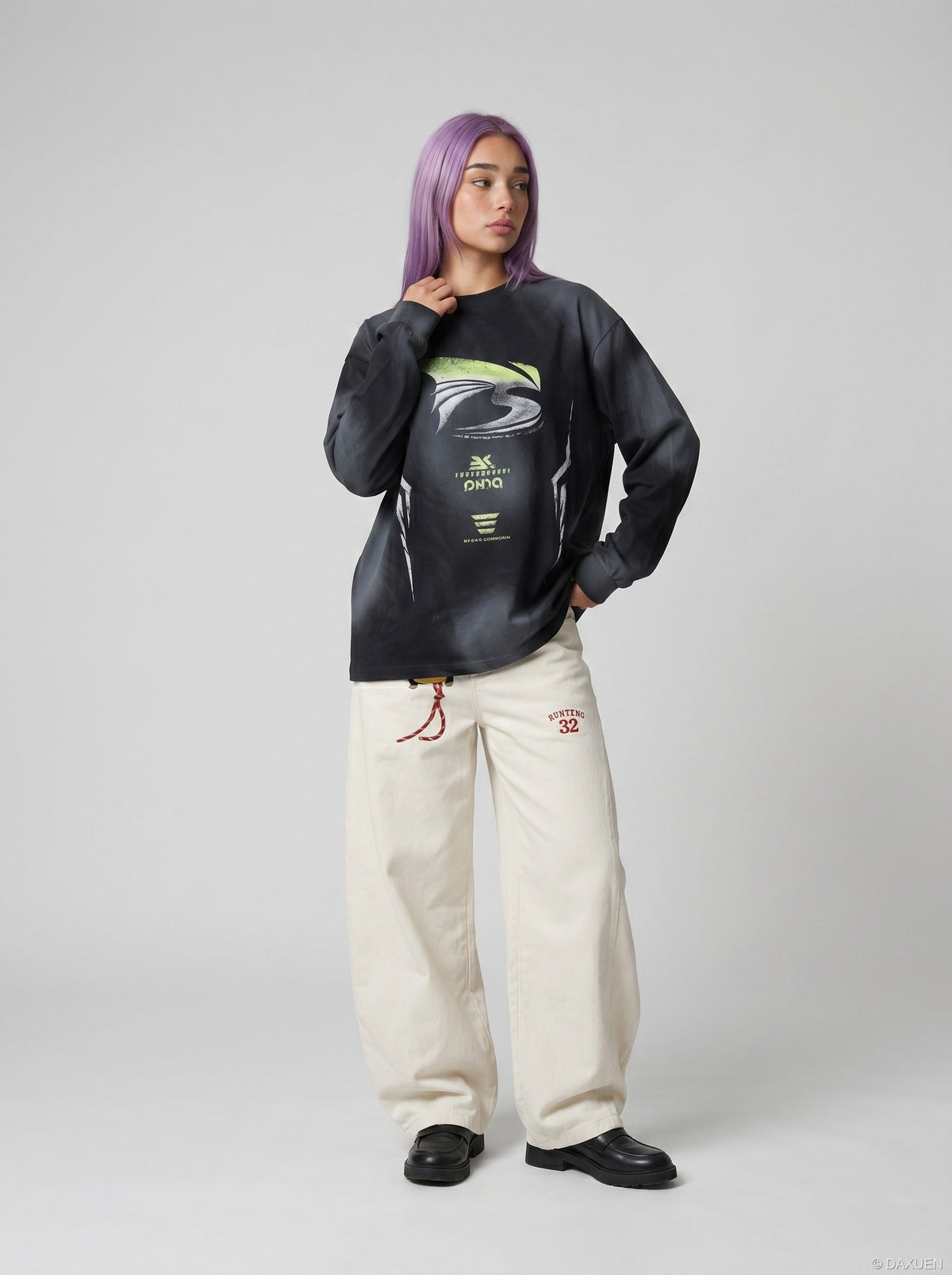 DAXUEN Abstract graphic long sleeve crew-neck top — model photo