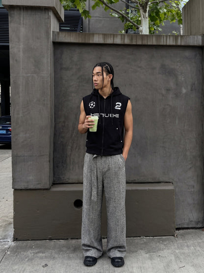 DAXUEN beige sleeveless abstract graphic hooded vest — model photo
