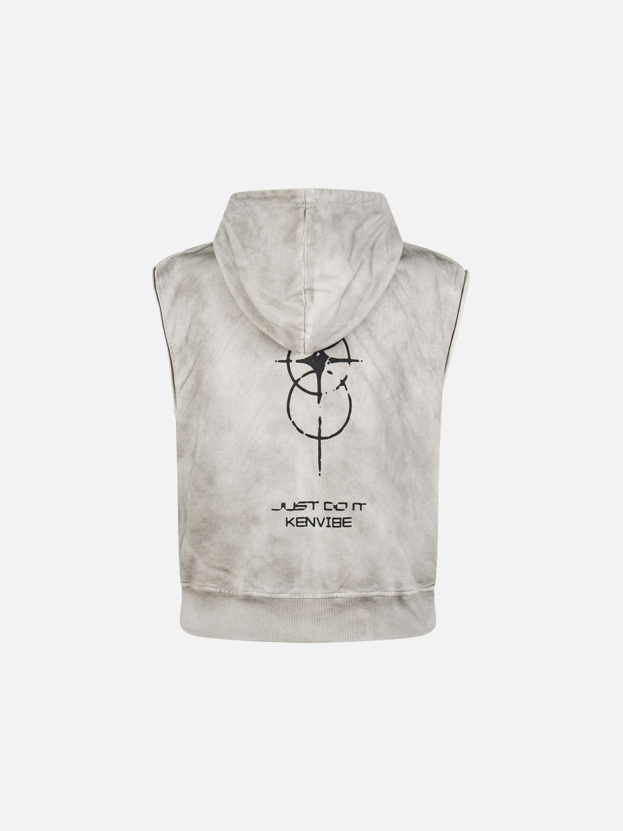 DAXUEN beige sleeveless abstract graphic hooded vest