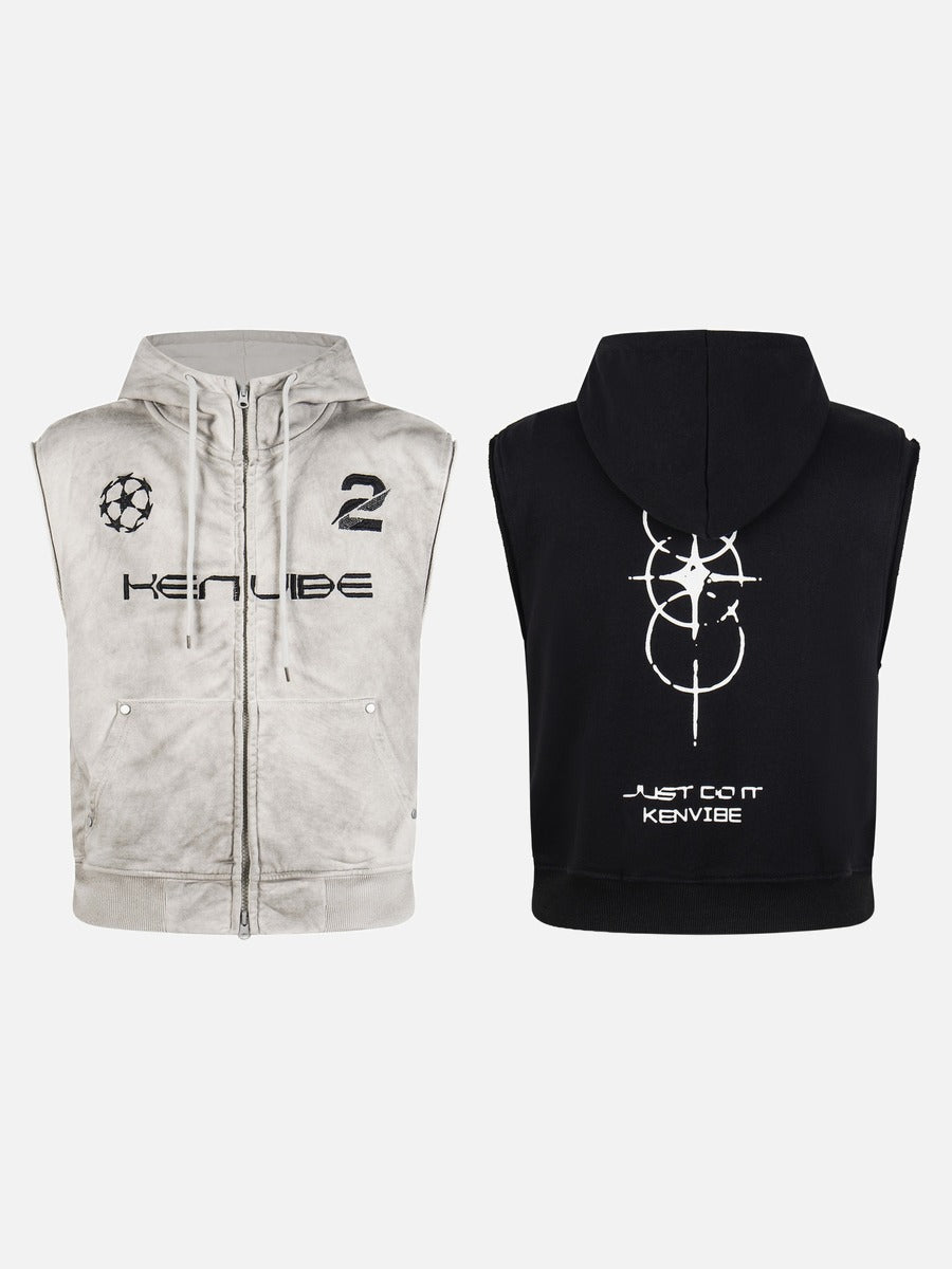 DAXUEN beige sleeveless abstract graphic hooded vest