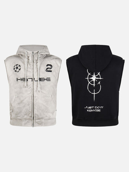 DAXUEN beige sleeveless abstract graphic hooded vest