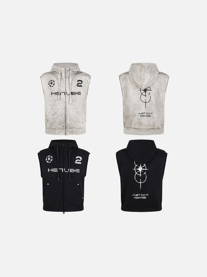 DAXUEN beige sleeveless abstract graphic hooded vest