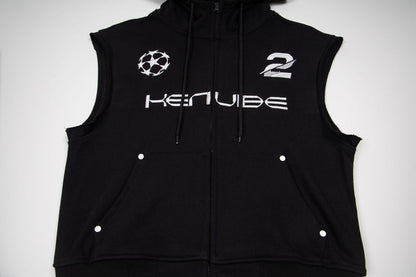 DAXUEN beige sleeveless abstract graphic hooded vest