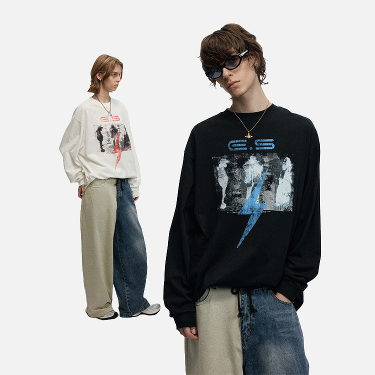 DAXUEN Abstract lightning graphic long sleeve crew neck t-shirt