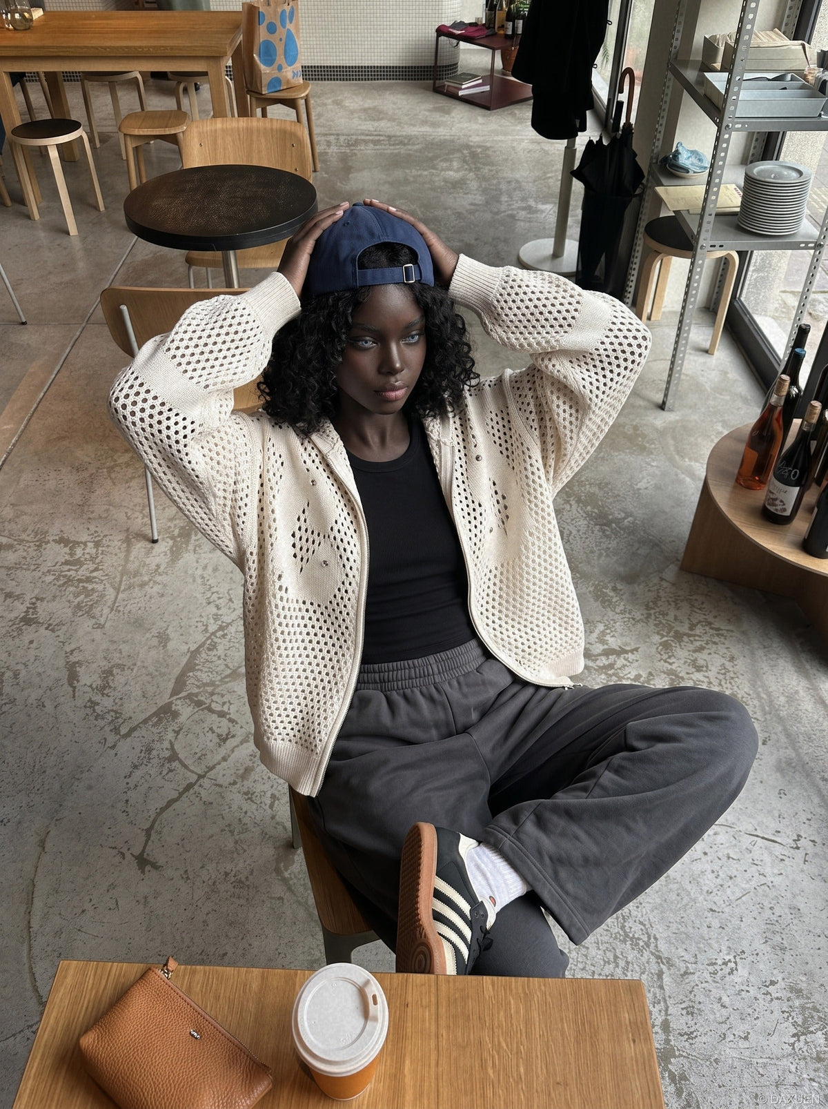 Abstract Mesh Knit Hooded Zip Sweater