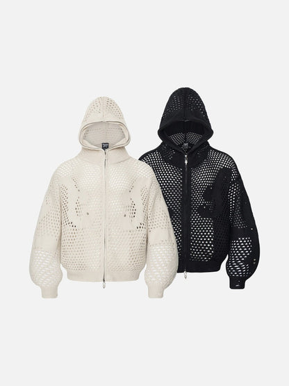 Abstract Mesh Knit Hooded Zip Sweater