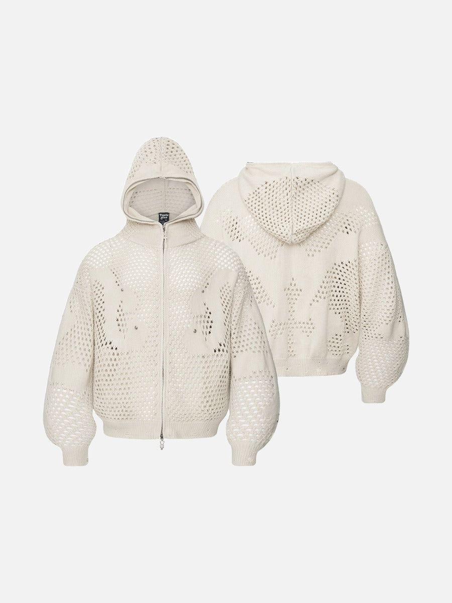 Abstract Mesh Knit Hooded Zip Sweater