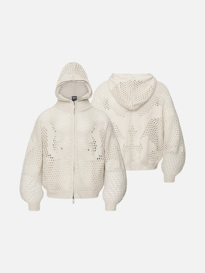 Abstract Mesh Knit Hooded Zip Sweater