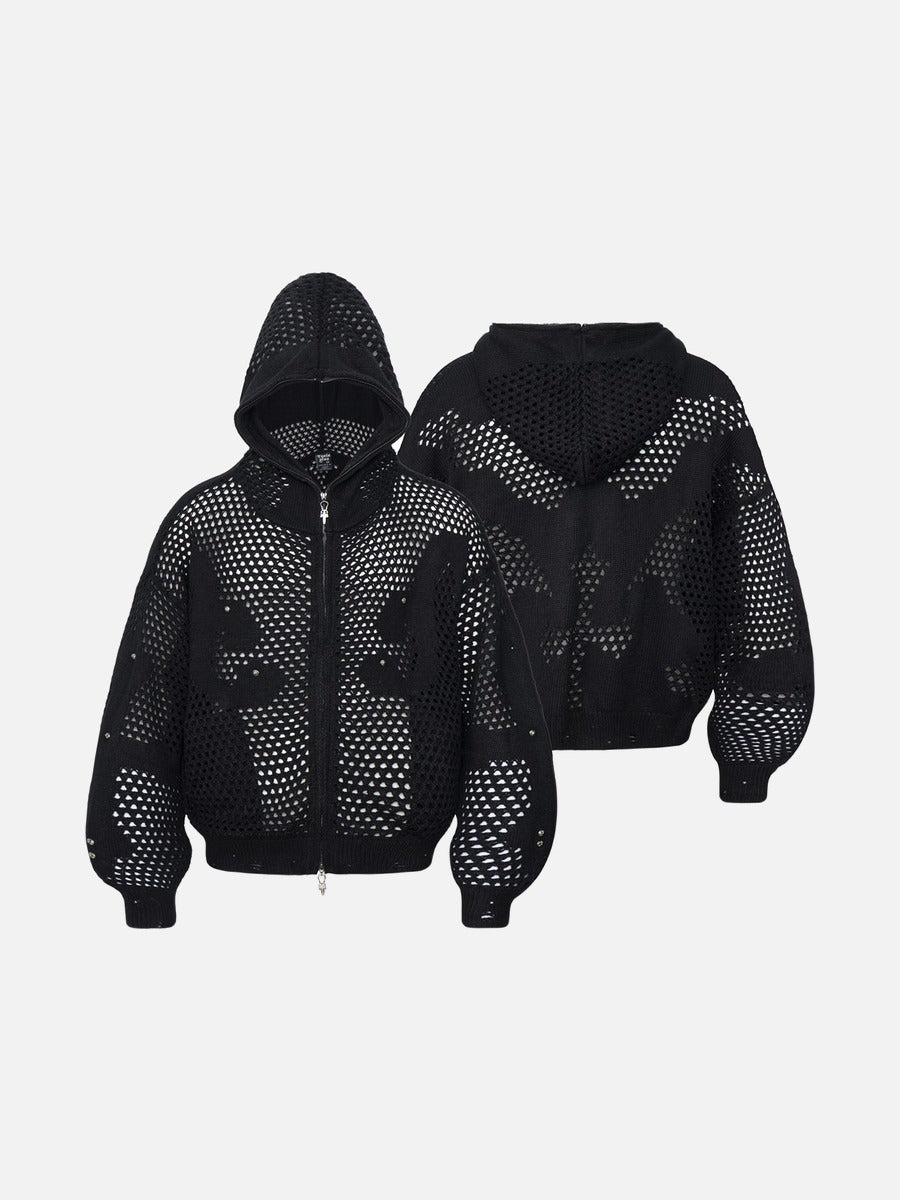 Abstract Mesh Knit Hooded Zip Sweater