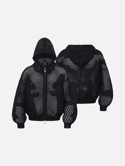 Abstract Mesh Knit Hooded Zip Sweater