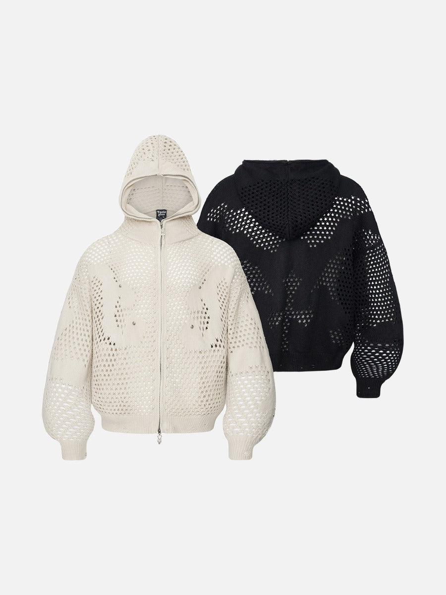 Abstract Mesh Knit Hooded Zip Sweater