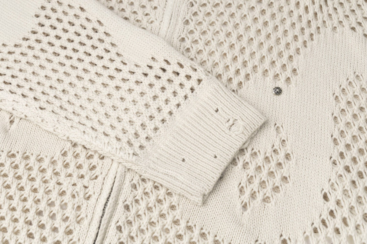 Abstract Mesh Knit Hooded Zip Sweater