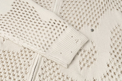 Abstract Mesh Knit Hooded Zip Sweater