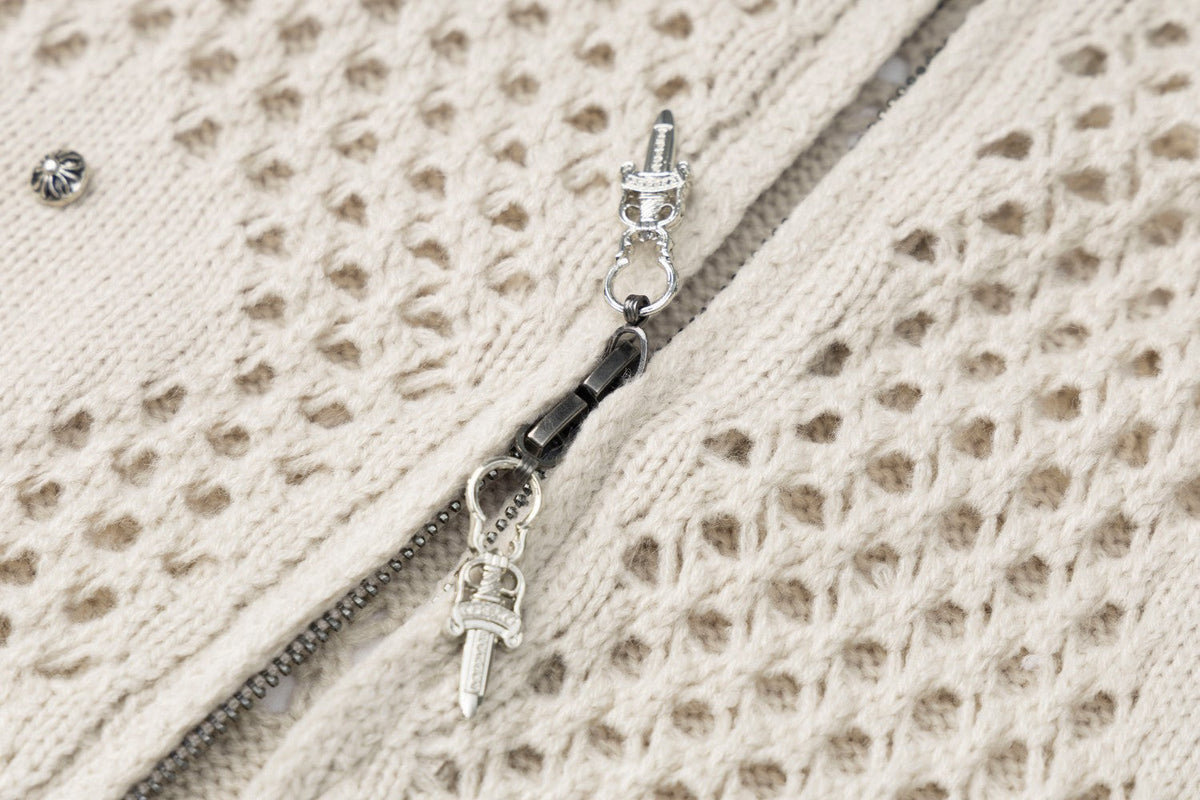 Abstract Mesh Knit Hooded Zip Sweater