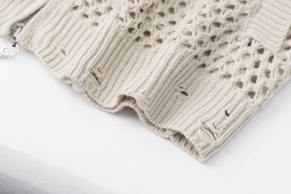 Abstract Mesh Knit Hooded Zip Sweater