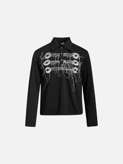 DAXUEN grey long-sleeved abstract musical graphic polo shirt